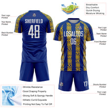 Load image into Gallery viewer, Custom Royal White-Yellow Abstract Shape Sublimation Soccer Uniform Jersey
