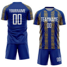 Load image into Gallery viewer, Custom Royal White-Old Gold Abstract Shape Sublimation Soccer Uniform Jersey
