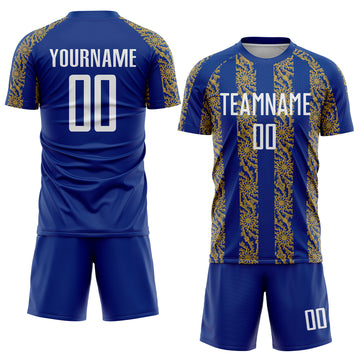 Custom Royal White-Old Gold Abstract Shape Sublimation Soccer Uniform Jersey