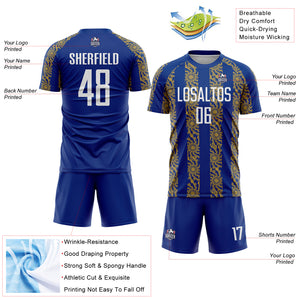 Custom Royal White-Old Gold Abstract Shape Sublimation Soccer Uniform Jersey