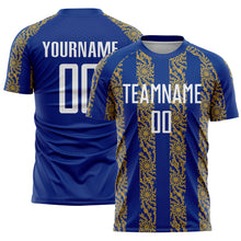 Load image into Gallery viewer, Custom Royal White-Old Gold Abstract Shape Sublimation Soccer Uniform Jersey
