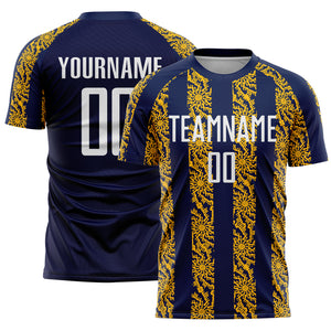 Custom Navy White-Gold Abstract Shape Sublimation Soccer Uniform Jersey