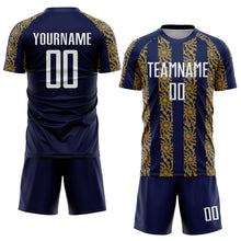 Load image into Gallery viewer, Custom Navy White-Old Gold Abstract Shape Sublimation Soccer Uniform Jersey
