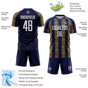 Custom Navy White-Old Gold Abstract Shape Sublimation Soccer Uniform Jersey