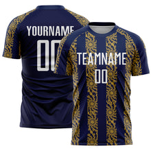 Load image into Gallery viewer, Custom Navy White-Old Gold Abstract Shape Sublimation Soccer Uniform Jersey
