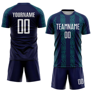 Custom Navy White-Teal Abstract Shape Sublimation Soccer Uniform Jersey