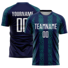 Load image into Gallery viewer, Custom Navy White-Teal Abstract Shape Sublimation Soccer Uniform Jersey
