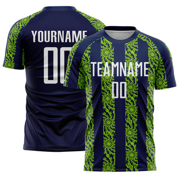 Custom Navy White-Neon Green Abstract Shape Sublimation Soccer Uniform Jersey