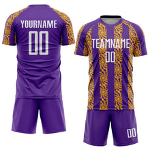 Load image into Gallery viewer, Custom Purple White-Gold Abstract Shape Sublimation Soccer Uniform Jersey
