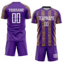 Load image into Gallery viewer, Custom Purple White-Old Gold Abstract Shape Sublimation Soccer Uniform Jersey
