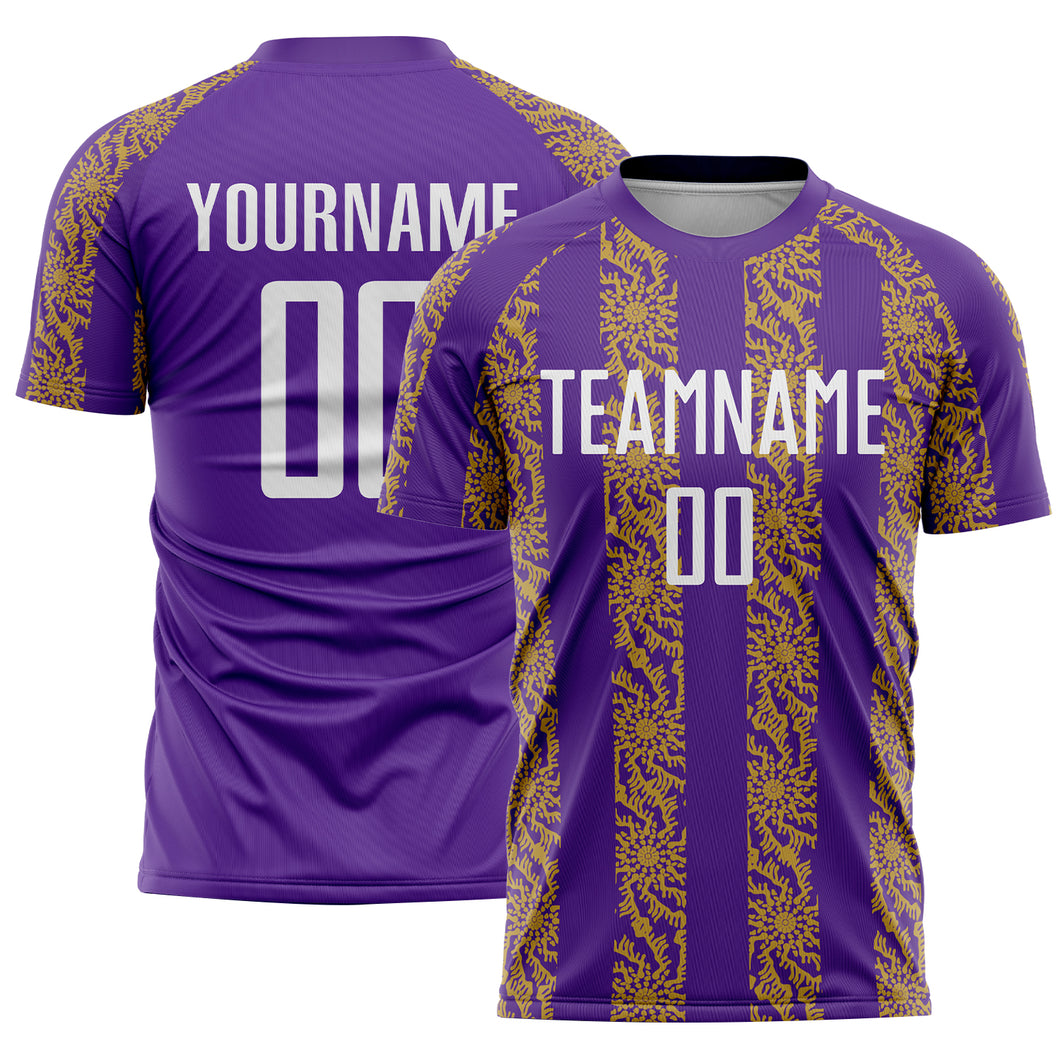 Custom Purple White-Old Gold Abstract Shape Sublimation Soccer Uniform Jersey