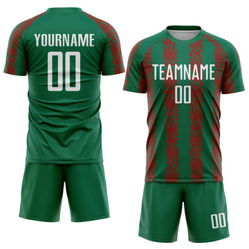 Custom Kelly Green White-Red Abstract Shape Sublimation Soccer Uniform Jersey