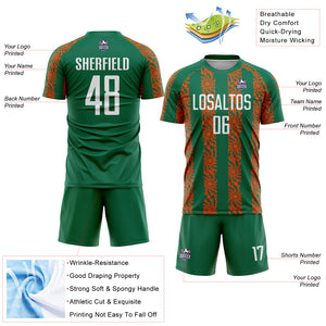 Custom Kelly Green White-Orange Abstract Shape Sublimation Soccer Uniform Jersey