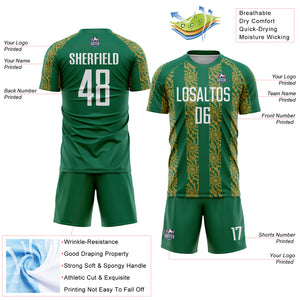 Custom Kelly Green White-Old Gold Abstract Shape Sublimation Soccer Uniform Jersey