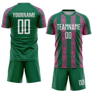 Custom Kelly Green White-Pink Abstract Shape Sublimation Soccer Uniform Jersey