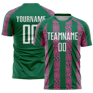 Custom Kelly Green White-Pink Abstract Shape Sublimation Soccer Uniform Jersey