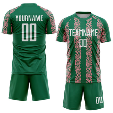 Custom Kelly Green White-Medium Pink Abstract Shape Sublimation Soccer Uniform Jersey