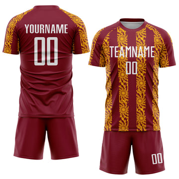 Custom Crimson White-Gold Abstract Shape Sublimation Soccer Uniform Jersey