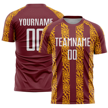 Custom Burgundy White-Gold Abstract Shape Sublimation Soccer Uniform Jersey