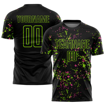 Custom Black Neon Green-Pink Abstract Fragment Art Sublimation Soccer Uniform Jersey