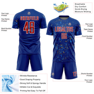 Custom Royal Red Old Gold-Powder Blue Abstract Fragment Art Sublimation Soccer Uniform Jersey