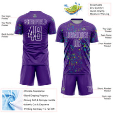 Load image into Gallery viewer, Custom Purple Neon Green-Teal Abstract Fragment Art Sublimation Soccer Uniform Jersey
