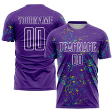 Load image into Gallery viewer, Custom Purple Neon Green-Teal Abstract Fragment Art Sublimation Soccer Uniform Jersey
