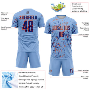 Custom Light Blue Royal-Orange Abstract Fragment Art Sublimation Soccer Uniform Jersey