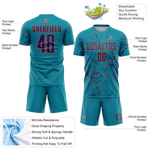 Custom Teal Royal-Orange Abstract Fragment Art Sublimation Soccer Uniform Jersey