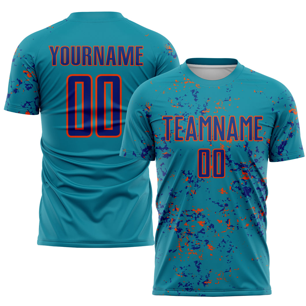 Custom Teal Royal-Orange Abstract Fragment Art Sublimation Soccer Uniform Jersey