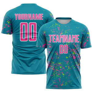 Custom Teal Pink-Neon Green Abstract Fragment Art Sublimation Soccer Uniform Jersey