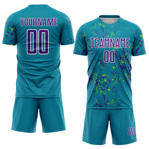 Custom Teal Purple-Neon Green Abstract Fragment Art Sublimation Soccer Uniform Jersey