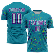 Load image into Gallery viewer, Custom Teal Purple-Neon Green Abstract Fragment Art Sublimation Soccer Uniform Jersey
