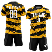 Load image into Gallery viewer, Custom Black White-Gold Splash Sublimation Soccer Uniform Jersey
