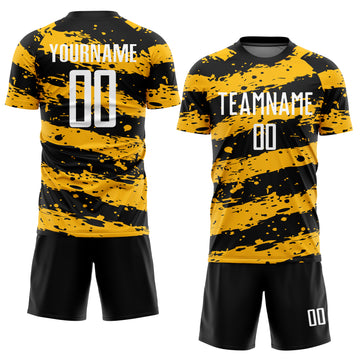 Custom Black White-Gold Splash Sublimation Soccer Uniform Jersey