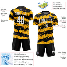 Load image into Gallery viewer, Custom Black White-Gold Splash Sublimation Soccer Uniform Jersey
