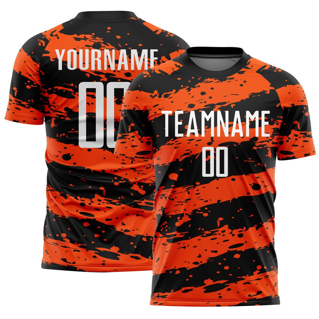 Custom Black White-Orange Splash Sublimation Soccer Uniform Jersey