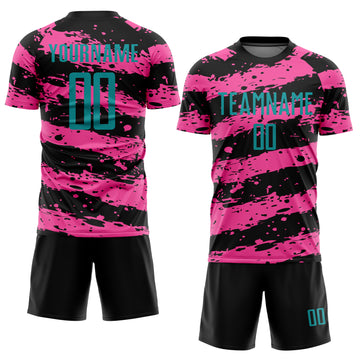 Custom Black Teal-Pink Splash Sublimation Soccer Uniform Jersey