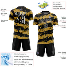 Load image into Gallery viewer, Custom Black Old Gold-White Splash Sublimation Soccer Uniform Jersey
