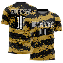 Load image into Gallery viewer, Custom Black Old Gold-White Splash Sublimation Soccer Uniform Jersey
