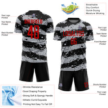 Load image into Gallery viewer, Custom Black Red-Gray Splash Sublimation Soccer Uniform Jersey
