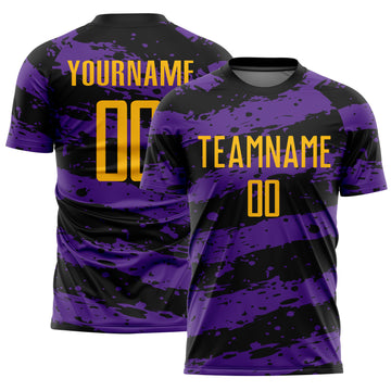 Custom Black Gold-Purple Splash Sublimation Soccer Uniform Jersey