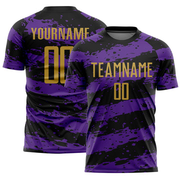 Custom Black Old Gold-Purple Splash Sublimation Soccer Uniform Jersey