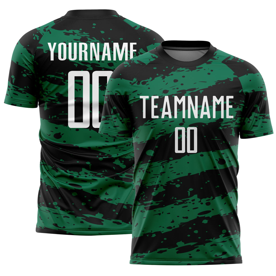 Custom Black White-Kelly Green Splash Sublimation Soccer Uniform Jersey