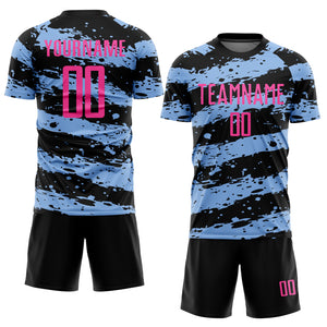 Custom Black Pink-Light Blue Splash Sublimation Soccer Uniform Jersey