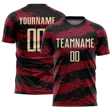 Custom Black Cream-Crimson Splash Sublimation Soccer Uniform Jersey