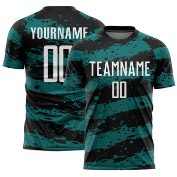 Custom Black White-Teal Splash Sublimation Soccer Uniform Jersey