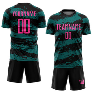 Custom Black Pink-Teal Splash Sublimation Soccer Uniform Jersey