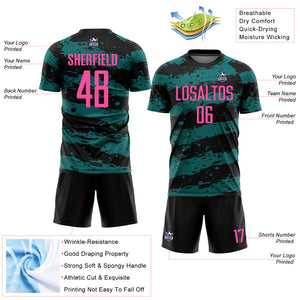 Custom Black Pink-Teal Splash Sublimation Soccer Uniform Jersey