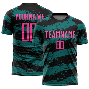 Custom Black Pink-Teal Splash Sublimation Soccer Uniform Jersey